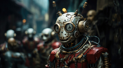 steampunk ai robots march in the street	
