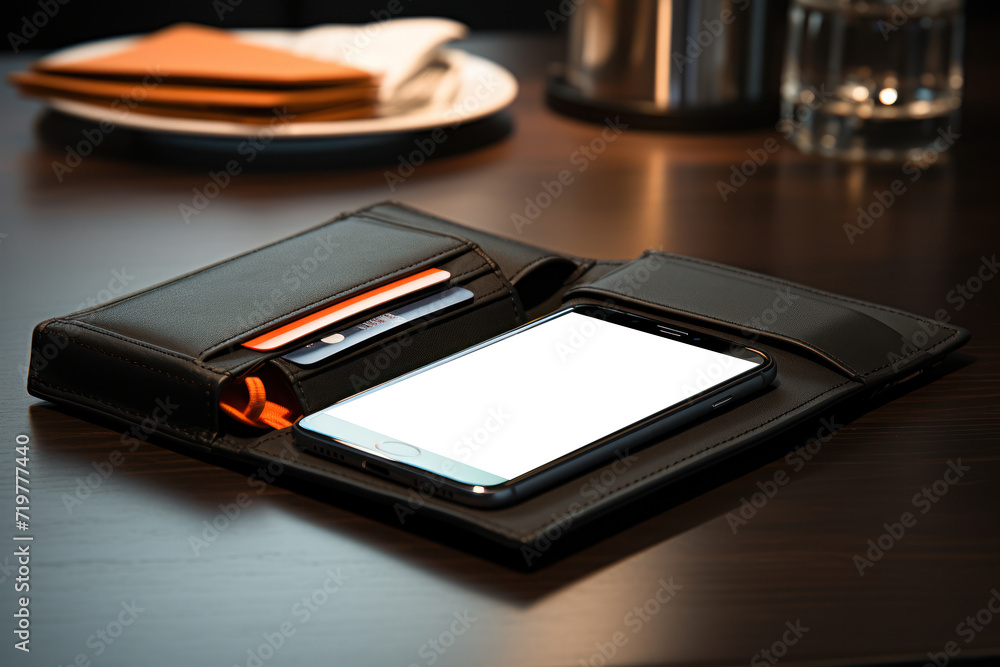 Poster an elegant smart wallet with an integrated payment app, symbolizing the convergence of style and adv