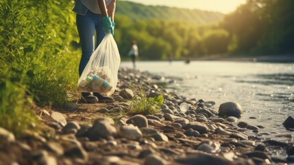 Closeup of a young volunteer holding a trash bag and picking up litter along a riverbank. - obrazy, fototapety, plakaty