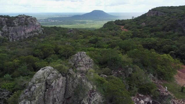 Aerial revolves over rugged rocky crag landscape in rural Bolivia, Chiquitania