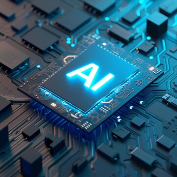 On top of a sophisticated chip, there is a hologram consisting of two letters "AI"
