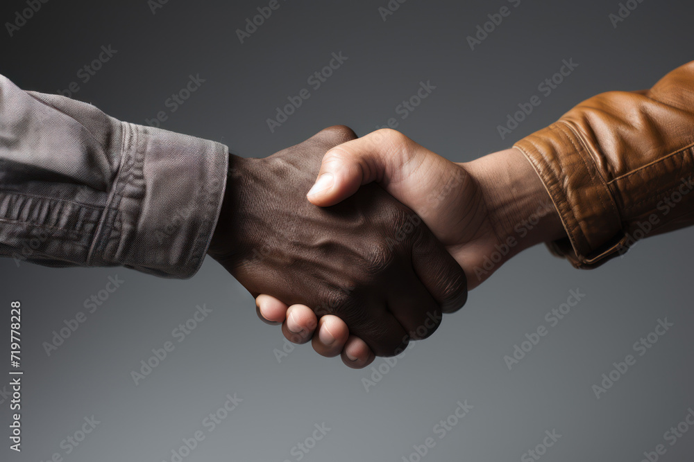 Poster a handshake between different races and cultures, portraying the unity and shared values essential f