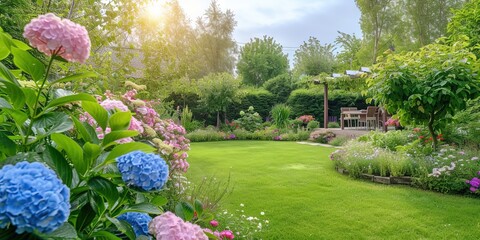 backyard garden with colorful flowers in bloom on a sunny afternoon - obrazy, fototapety, plakaty