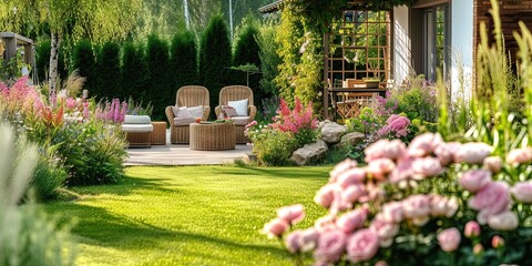 backyard garden with colorful flowers in bloom on a sunny afternoon - obrazy, fototapety, plakaty