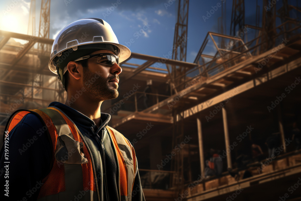Poster a construction worker overseeing a building project, emphasizing the dedication and hard work involv