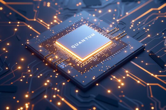 On top of a sophisticated chip, there is a hologram consisting of one word "QUANTUM"