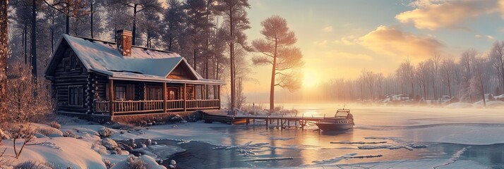 Lakeside cabin in the woods during the winter snow