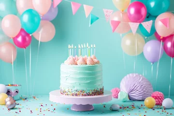 Fotobehang Festive cake with candles and balloons © InfiniteStudio