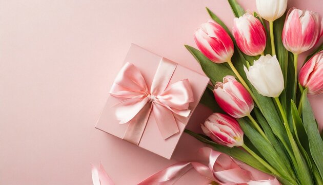 Mother's Day concept. Top view photo of stylish pink giftbox with ribbon bow and bouquet of tulips on isolated pastel pink background with copyspace. Valentine's day concept.