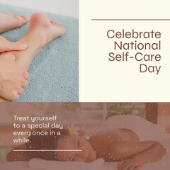 Composition of national self-care day text over diverse people getting a massage
