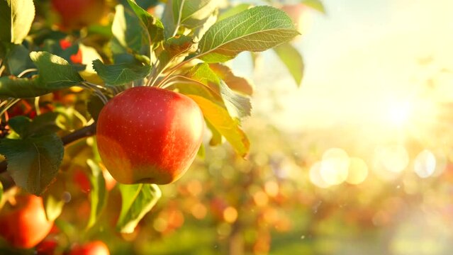 apple tree with red apple fruit on field on golden time sunlight video looping background