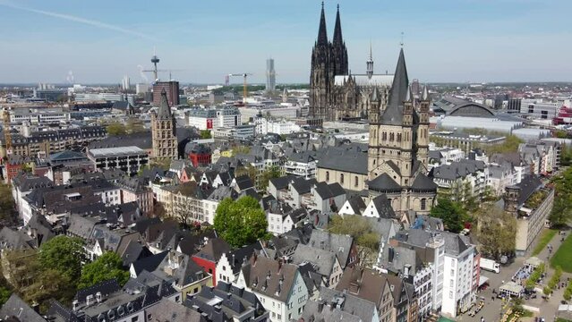 Urban cityscape and german architectural identity of cologne skyline, Aerial