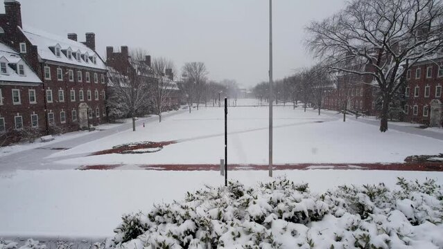 University of Delaware Drone snow day campus flyover heavy falling snow Newark