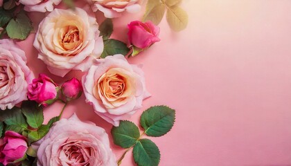 Fototapeta premium Flower border frame made of rose on a pink background. Greeting card concept with place for text. Valentine's day concept.