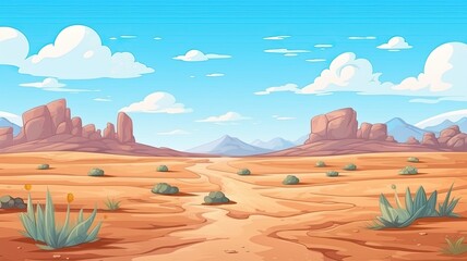 cartoon illustration Wild west Texas.  landscape, sandy terrain, iconic rock formations, and sparse vegetation under the clear blue sky.