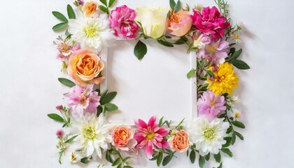 Square flower frame made of rose, aster and alstroemeria on a pink background. Greeting card template with copyspace. Festive concept. Valentines day concept.