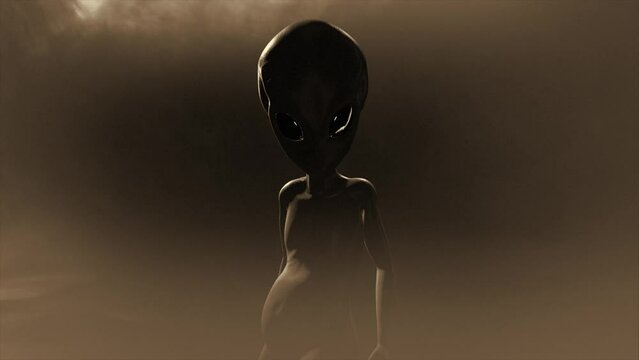 3D CGI push-in shot of a classic, shiny-skinned Roswell grey alien looking eeire and menacing, in an ominous swirling cloud of mist, with grey and sepia color tint