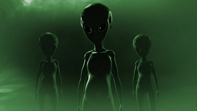 3D CGI slow, smooth push-in shot of a group of three classic, shiny-skinned Roswell grey aliens looking eeire and menacing, in an ominous swirling cloud of mist, with grey and green color tint