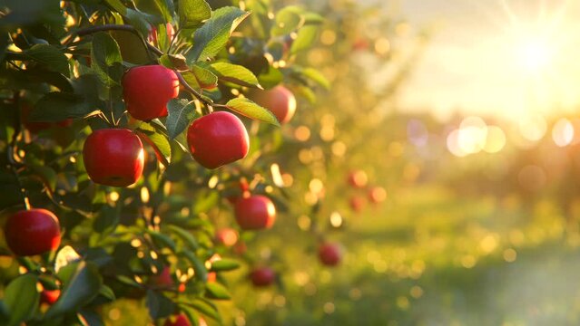 apple tree with red apple fruit on field on golden time sunlight video looping background