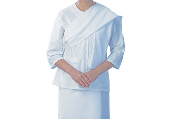 Buddhist Nun woman  in a white dress on white background with clipping path
