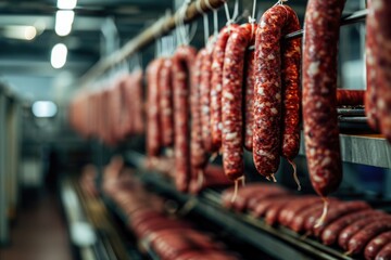 Sausages on drying racks in an industrial setting. - obrazy, fototapety, plakaty