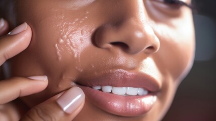 Closeup of a person with oily skin using a mattifying toner to control excess shine. - obrazy, fototapety, plakaty