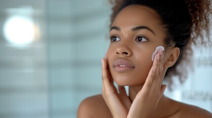 Keep your skin healthy. Cropped portrait of a beautiful african american young woman applying moisturizing cream to her skin in the bathroom at home. Photo with copy space. Hyper realistic photo