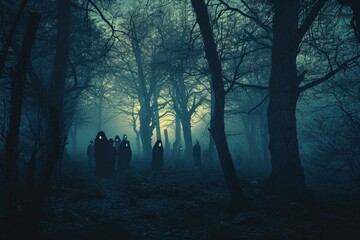 A haunted forest with eerie lighting and silhouettes of creepy creatures - obrazy, fototapety, plakaty