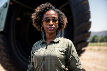 skilled and empowered African American black female mechanic in the military, symbolizing gender diversity and expertise within the armed forces