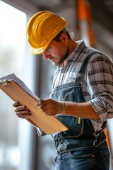 Plumber man, technician and clipboard document for pipeline, home renovation and quality assurance notes. Handyman, plumbing service and checklist in house for building.