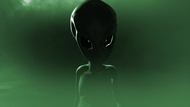3D CGI mid to close-up shot of a classic, shiny-skinned Roswell grey alien looking eeire and menacing, in an ominous swirling cloud of mist, with grey and green color tint