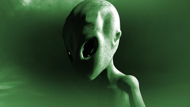 3D CGI  mid-shot pushing in to a close-up left profile of a classic, shiny-skinned Roswell grey alien looking eeire and menacing, in an ominous swirling cloud of mist, with grey and green color tint