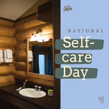 Composition of national self-care day text over bathroom