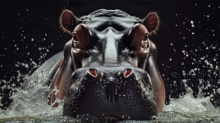 hippo in the water on black background - obrazy, fototapety, plakaty