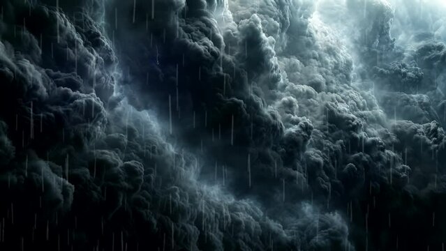 black cloudy with lighting storm, rainy weather concept video looping background