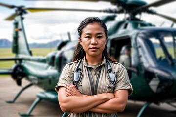 skilled and empowered Asian female mechanic in the military, symbolizing gender diversity and expertise within the armed forces.