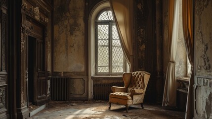 AI generated illustration of an antique chair sits gracefully in a spacious room - obrazy, fototapety, plakaty