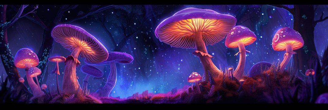 Mushrooms in a magical forest with blacklight effect