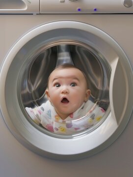 Funny surrealistic humor illustration, cute baby in awe in washing machine tub, unusual pram or cradle, fun high-tech baby bath technique, comic picture of toddler in unexpected situation or place