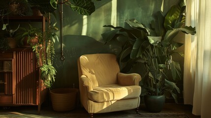 AI generated illustration of a vintage chair in a sunlit room adorned with a potted plant - obrazy, fototapety, plakaty