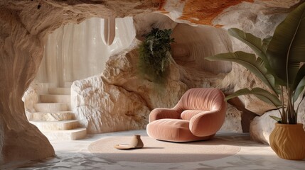 AI generated illustration of a luxurious living room with stone walls featuring an orange chair