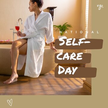 Composition of national self-care day text over biracial woman with vitiligo drinking champagne