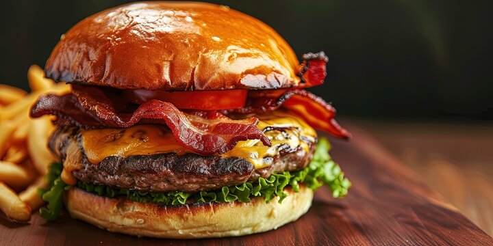The perfect bacon cheeseburger on bun with copy space