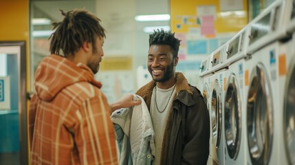 Arab or metis man with a black friend, they are doing laundry in a laundromat, cool friendly cheerful men talking, the light skin man has a serious face, he might be joking or teasing the other guy - obrazy, fototapety, plakaty