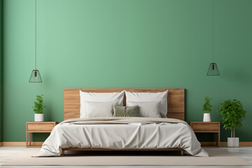 interior design of a modern and minimalist green bedroom with a double bed, plants and copy space....