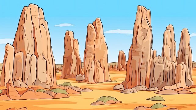 cartoon illustration desert landscape, dominated by towering rock formations under a clear blue sky