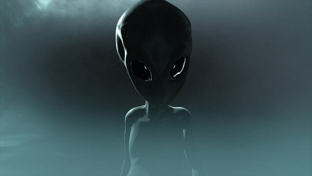 3D CGI mid to close-up shot of a classic, shiny-skinned Roswell grey alien looking eeire and menacing, in an ominous swirling cloud of mist, with grey and teal color tint