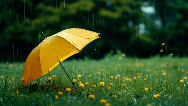 yellow umbrella wet on green grass when rainy video looping background 