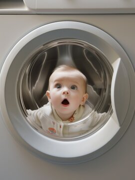 Baby child with funny face expression in washing machine tank, unusual way of rocking a toddler, fun high-tech infant bath technology prank, comic picture of toddler in unexpected situation or place