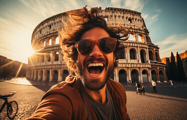 Italian tourist taking a very happy selfie with the Roman Colosseum in the background. Generative AI